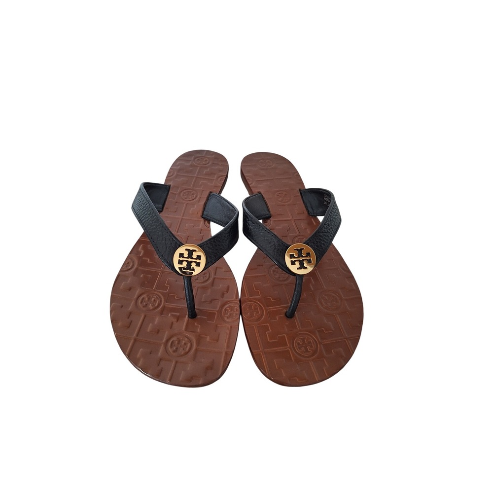 Tory Burch Thora Black Brown Leather Logo Thong Sandals 10M